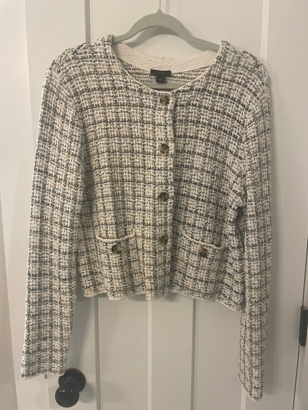 Cropped Tweed Button-Front Sweater Jacket - Cream/Mustard/Navy